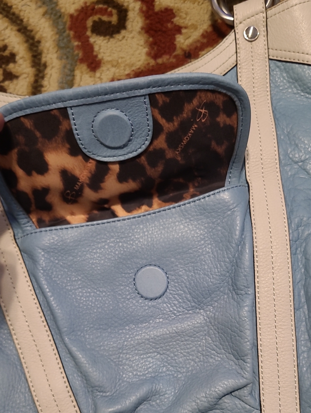 B. Makowsky Large Leather Hobo Satchel Sky Blue Cream Braided Rope Handles - Picture 3 of 16